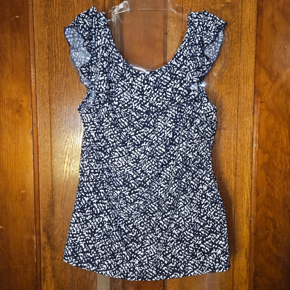 Chaps Blouse Women XL Navy White Abstract Animal Print Flutter Sleeve Top